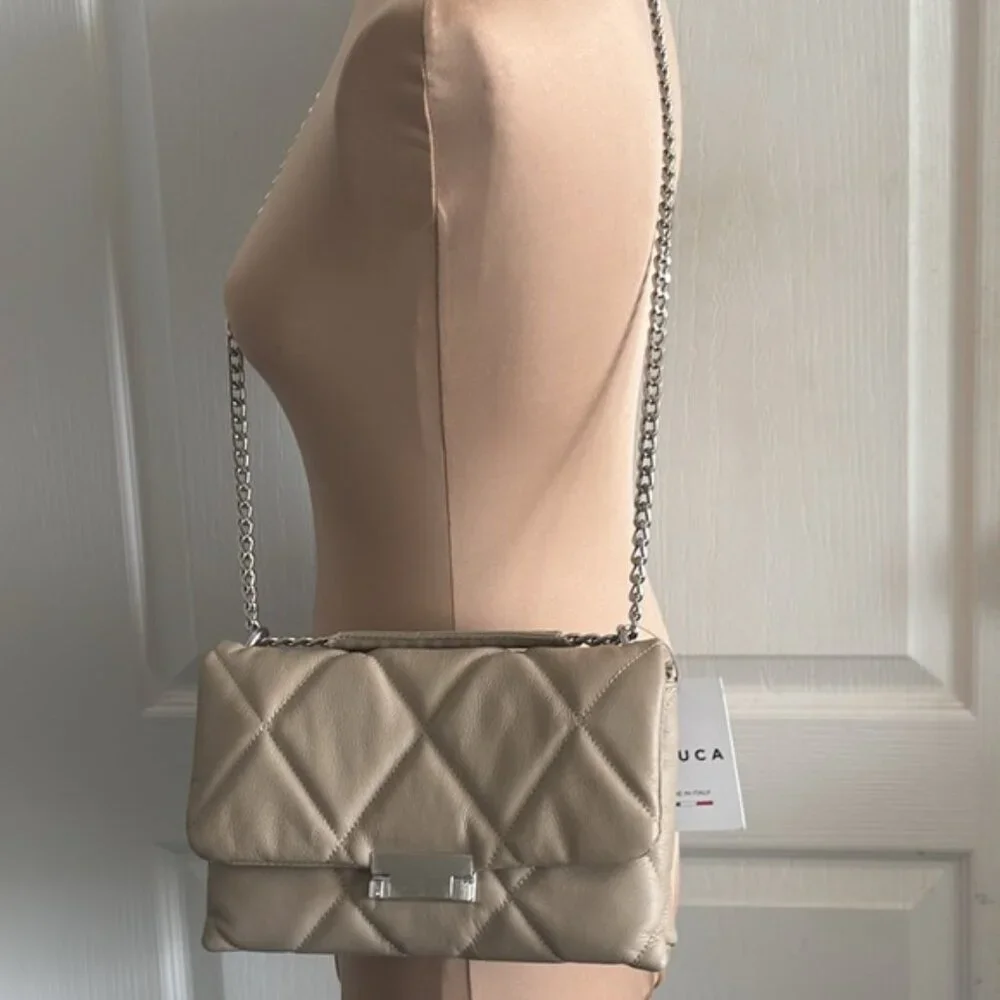 Il Duca Itlay Genuine Leather Quilted Convert Flap Handbag Taupe